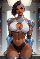 ai_generated civitai cleavage cyborg_(dc) dark-skinned_female dark_hair dark_skin gym_clothes large_breasts rule_63 short_hair teen_titans unholyreaper