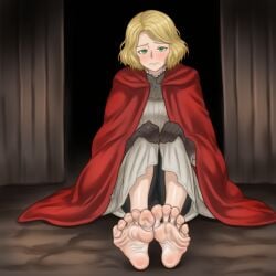 1girls ai_generated bandai_namco barefoot blonde_hair blush cloak elden_ring feet foot_fetish fromsoftware gloves green_eyes roderika_(elden_ring) sad soles toes