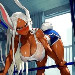 1girls ai_generated ass_focus bent_over big_breasts boku_no_hero_academia breasts bubble_butt cleavage covered_nipples dark-skinned_female dark_skin dat_ass hero hips huge_breasts large_breasts looking_at_viewer massive_breasts miruko mischievous_smile muscular_female my_hero_academia rabbit rabbit_ears rabbit_girl red_eyes rumi_usagiyama seductive_grin see-through shorts solo thick_thighs thighs thong usagiyama_rumi white_hair wide_hips