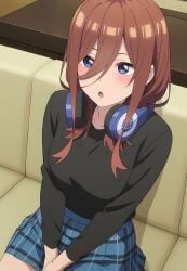 :o black_shirt blue_skirt go-toubun_no_hanayome headphones nakano_miku sitting skirt sofa