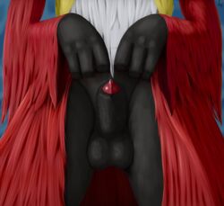 1boy 2018 abstract_background anatomically_correct animal_genitalia animal_penis black_fur canine canine_penis close-up delphox digital_media_(artwork) dress dress_lift fox fur furry lapsushominum male male_only mammal nintendo penis penis_tip pokémon_(species) pokemon pokemon_xy precum presenting red_fur sheath solo testicles text video_games watermark