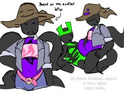 1x1x1x1 1x1x1x1_(forsaken) azure_(forsaken) black_limbs detect_(artist) domino_crown forsaken_(roblox) green_body green_crown purple_body purple_dick purple_eyes roblox robloxian wizard_hat zipper_mouth