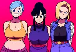 3girls alternate_breast_size android_18 big_breasts black_hair blonde_hair blue_hair breasts_bigger_than_head bulma_briefs chichi chinese_clothes cleavage curvaceous curvy dragon_ball dragon_ball_super dragon_ball_z huge_breasts human jacket large_breasts mature_female milf mommy mullon novelai robot robot_girl robot_humanoid smile tank_top wide_hips