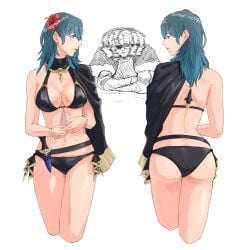 1boy afterimage ass bikini black_bikini black_cape blue_hair breasts byleth_(female)_(fire_emblem) byleth_(female)_(summer)_(fire_emblem) byleth_(fire_emblem) byleth_(fire_emblem)_(female) cape cleavage closed_mouth commentary_request daph_neko dimitri_alexandre_blaiddyd eyepatch female fire_emblem fire_emblem:_three_houses fire_emblem_heroes flower grey_background hair_flower hair_ornament hibiscus large_breasts lips meme navel nintendo official_alternate_costume one_eye_covered own_hands_together pink_lips profile red_flower simple_background spinning_head stomach swimsuit the_weaker_sex_1_(gibson) twitter_username