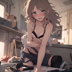 ai_generated angry angry_face blue_eyes blush blushing_at_viewer breasts clothed covered_nipples covering covering_breasts curly_hair gray_hair inside laboratory robotic_leg