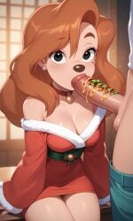 1boy 1girls adorable adorable_face ai_generated christmas_outfit fellatio female food food_play goof_troop hot_dog ketchup male male/female mustard oral orange_hair penis_hot_dog relish_(food) roxanne_(goof_troop) sexy solo_focus