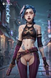 1girls ai_generated arcane ass_visible_through_thighs bare_shoulders belt blue_hair braid breasts crop_top dual_wielding fingerless_gloves gloves gun hi_res holding holding_gun holding_weapon jinx_(league_of_legends) league_of_legends long_hair navel netflix night outdoors pants pink_eyes pussy r34arts riot_games small_breasts solo_focus stomach_tattoo street striped_pants tattoo twin_braids uncensored weapon