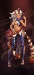 1girls 9:16 asaka_(king_of_kinks) belly breasts clothed dark_skin exposed_breasts feet female game_cg horns king_of_kinks nutaku red_eyes stockings tagme white_hair