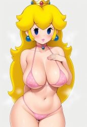 2024 ai_generated arms_behind_back belly big_breasts bikini_bottom bikini_top black_eyes blonde_hair blush breasts cleavage collarbone crashslash174 dotted_bikini erect_nipples gradient_background hand_on_own_breast hand_on_own_chest looking_at_viewer mario_(series) navel necklace nipples_visible_through_bikini nipples_visible_through_clothing paper_peach pink_bikini pink_bikini_bottom pink_bikini_top princess_peach standing thighs white_dots