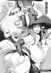 1girls ass breasts buru clothed_sex clothing cum cum_in_pussy cum_inside cum_on_body cum_on_breasts cum_on_upper_body curvy dragon's_crown female from_behind huge_breasts legs_together long_hair male monochrome open_mouth paizuri panties panties_aside panties_down penetration penis pussy sequential sex sorceress_(dragon's_crown) underwear vaginal_penetration
