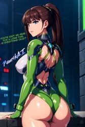 2024 2d 4k 4k_resolution ai_generated aigirl ass ass_focus blue_eyes breasts brown_hair clothing cyberpunk_background detailed ecchi english_text eve_(stellar_blade) from_behind green_text hd high_resolution highres lewd looking_at_viewer looking_back nipple_bulge paurikai porn sex stellar_blade text uncensored watermark