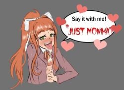 1female 1girls cum doki_doki_literature_club english_text green_eyes just_monika long_hair monika_(doki_doki_literature_club) text tongue tongue_out