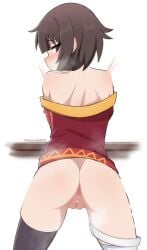 absurdres anus ass back bandaged_leg bandages black_thighhighs blunt_bangs blush brown_hair censored cleft_of_venus closed_mouth commentary cowboy_shot ear_blush female from_behind heart heart_censor highres kagironsfw kono_subarashii_sekai_ni_shukufuku_wo! looking_at_viewer looking_back megumin mixed-language_commentary no_headwear no_panties nose_blush paid_reward_available pointless_censoring pussy red_eyes short_hair sideways_glance simple_background single_thighhigh solo sweat thighhighs twitter_username white_background