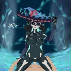 basedbinkie black_body black_hair black_sclera candles chivalry_starved cjanitorc cowgirl_position flowers goddess kindness_(basedbinkie) large_breasts on_top red_eyes skeleton_markings smile sombrero white_skin