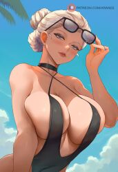 1girls araneesama big_breasts black_swimsuit breasts choker cleavage female female_only hair hair_bun headwear ines_(the_first_descendant) lips looking_at_viewer neckwear solo solo_female sunglasses sunglasses_on_head swimsuit swimwear the_first_descendant upper_body white_eyes white_hair