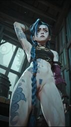 accurate_art_style ai_generated arcane arcane_jinx armpits belly_button blue_eyes blue_hair bottomless braids crop_top female gloves indoors jinx_(league_of_legends) landing_strip league_of_legends long_hair nail_polish pubic_hair punk pussy riot_games skinny small_breasts solo tattoos