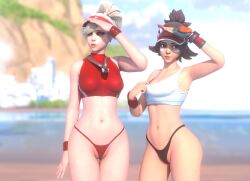 2girls 3d angela_ziegler asian_female beach blizzard_entertainment blonde_hair blue_eyes brown_hair cleavage female female_only japanese_female kiriko_(overwatch) kiriko_kamori lifeguard lifeguard_kiriko lifeguard_mercy light-skinned_female light_skin mercy outside overwatch overwatch_2 panties partially_clothed rwt4184 tagme video_game_character