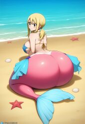 ai_generated beach big_ass big_butt fairy_tail goldencum34 huge_ass huge_butt looking_back lucy_heartfilia mermaid mermaid_gir mermaid_tail starfish_bra wide_hips