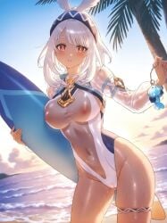 absurd_res ai_generated ass_visible_through_thighs beach blush breasts cameltoe casual_one-piece_swimsuit charm cloud contrapposto covered_navel covered_nipples cowboy_shot dark-skinned_female dark_skin female genshin_impact hairband headband highleg highleg_swimsuit holding holding_surfboard large_breasts long_hair long_sleeves looking_at_viewer medium_hair meme_attire ministro mualani_(genshin_impact) natlan_girls navel nipples ocean one-piece_swimsuit outdoors palm_tree parted_lips red_eyes see-through see-through_swimsuit sky solo sunset surfboard swimsuit taut_clothes taut_swimsuit thigh_strap thighs tree water wet wet_clothes wet_swimsuit white_hair white_one-piece_swimsuit