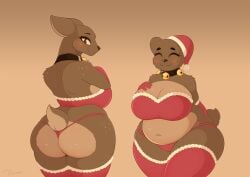 2020 anthro armwear ass bandeau bear bell belly big_breasts big_butt blepwep blush breasts brown_body brown_eyes brown_fur brown_nose christmas christmas_clothing christmas_headwear cleavage closed_eyes clothed clothing collar countershade_butt countershade_torso countershading deep_navel deer digital_media_(artwork) duo elbow_gloves eyelashes female front_view fur gloves hand_on_breast handwear hat headgear headwear hi_res holidays huge_breasts jingle_bell legwear looking_back mammal markings mole_(marking) navel overweight overweight_anthro overweight_female portrait rear_view red_clothing santa_hat shaded short_tail smile spots standing stockings tail thick_thighs thigh_highs thong three-quarter_portrait topwear underwear wide_hips