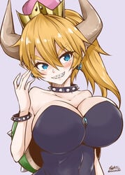 1girls 2d big_breasts blonde_hair blue_eyes blush bowsette breasts crown female female_only genderswap horns jewelry leotard light-skinned_female light_skin mario_(series) new_super_mario_bros._u_deluxe nintendo pale-skinned_female pale_skin rule_63 sharp_teeth shell smile solo spiked_bracelet spiked_collar super_crown watermark yamato_nadeshiko_(artist)