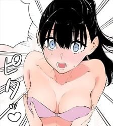 2.5_jigen_no_ririsa bare_arms bare_shoulders black_hair blue_eyes blush bra breasts cleavage collarbone hashimoto_yuu long_hair manga medium_breasts official_art open_mouth ponytail purple_bra sweat sweatdrop taki_midori underwear upper_body