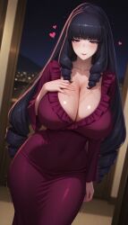 ai_generated black_hair breasts drill_hair female huge_breasts icecrown mahouka_koukou_no_rettousei mature_female purple_eyes solo yotsuba_maya