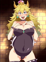 1girls belly big_breasts bimbo blonde_hair blue_eyes bowsette breasts busty cameltoe cleavage clothed clothing color colored crazy_eyes crown earrings edit horn horns long_tongue mario_(series) milf mizuryuu_kei new_super_mario_bros._u_deluxe nintendo pregnant ready_to_pop rule_63 sharp_teeth spiked_armlet spiked_bracelet spiked_collar spiked_shell spiked_stockings super_crown voluptuous