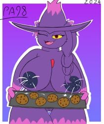 absurd_res anthro areola big_breasts breasts cookie female food fur generation_4_pokemon genitals hi_res milk mismagius nintendo nipples paladyart98 pokemon pokemon_(species) purple_body purple_fur purple_nipples pussy simple_background solo yellow_eyes