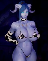 1girls 3d almightypatty big_breasts blue_body blue_hair blue_skin cow_bikini cow_print cowkini demon demon_girl demon_horns draenei draenei_female draenei_mage horns huge_breasts looking_at_viewer monster monster_girl tagme