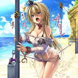 beach bikini black_bikini blonde_hair blue_eyes blue_sky blush bound bound_wrists braid breasts collar crown cuffs dress eyebrows_visible_through_hair female female_orgasm forced_orgasm french_braid hair_between_eyes handcuffs highres jewelry kantai_collection long_hair long_sleeves looking_at_viewer mini_crown monikano necklace ocean off-shoulder_dress off_shoulder open_mouth orgasm rope_walking sand see-through side-tie_bikini sky solo swimsuit tearing_up thighs trembling warspite_(kantai_collection) wet wet_clothes