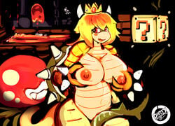 1girls ?_block alternate_species anthro big_breasts blonde_hair breasts crown dirtyscoundrel female female_focus flora_fauna hand_on_breast lava mario_(series) nintendo nipples nude piranha_plant plant princess_koopa princess_peach pussy pussy_juice red_eyes reptile scalie shell spikes standing super_mario_bros. thick_thighs video_games