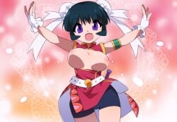 beyblade beyblade_metal_fusion breasts breasts_out china_dress chinese_clothes chinese_dress chinese_female chinese_girl female gloves happy mei_mei_(beyblade) metal_fight_beyblade purple_eyes sea_collision(artist) smile teal_hair topless twin_buns