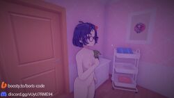 1female 1girls 3d blush breasts breasts crazy_mita_(miside) cute cute_girl dark_purple_hair embarrassed_female embarrassed_nude_female female female_focus female_only game_cg game_mod girl glasses hairband indigo_hair light-skinned_female light_skin mila miside mita_(miside) mod naked naked_female nipples nude nude_female ponytail pornography purple_hair pussy russian_text solo_female standing tagme tagme_(artist)