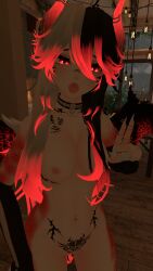 belly_piercing chocker dragon_girl horns lewd_vrchater long_hair nipples nose_piercing open_mouth peace_sign red_eyes ring scales self_upload small_breasts standing tattoo vrchat wings