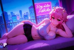 ai_generated bed black_sclera booty_shorts cityscape female gold_eyes laying_on_side mina_ashido minokai my_hero_academia navel neon_lights pastel_colors pink_hair pink_skin see-through_shirt self_upload tank_top