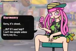 1girls black_shirt cap cellphone drooling english_text fingering fingering_self flip_phone green_eyes harmony_(splatoon) hat holding_object looking_at_viewer masturbation microskirt nintendo pink_hair pseudo_hair pussy pussy_juice rsinnamonroll shirt sitting skirt solo solo_female solo_focus speech_bubble splatoon splatoon_(series) splatoon_3 text text_bubble unaware white_text