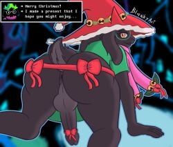 2024 5_fingers anthro anus ass balls bell big_butt black_body blankyart bovid bow_ribbon butt_focus caprine christmas christmas_clothing clothing deltarune dialogue digital_media_(artwork) eyewear femboy fingers genitals glasses goat green_clothing green_eyewear green_glasses hat headgear headwear hi_res holidays jingle_bell looking_at_viewer male male_only mammal open_mouth penis ralsei ralsei_with_black_fur rear_view scarf signature small_tail solo tail text undertale_(series) yellow_eyes