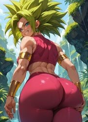 1girls ai_generated ass ass ass_cleavage back_view big_ass big_butt blue_eyes clothed clothed_female clothing dragon_ball dragon_ball_super earrings eyebrows eyelashes female female_only green_hair grin huge_ass huge_butt kefla light-skinned_female light_skin solo solo_female standing thick_ass