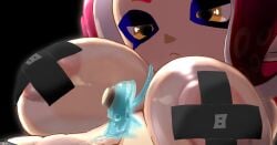 1girls agent_8_(splatoon) blue_eyes breasts_out female_focus hideyoshi_(swliyhbpe9xqqze) huge_breasts multiple_girls nintendo octoling octoling_girl pink_eyes red_hair short_hair sole_female solo splatoon splatoon_2 taped_nipples