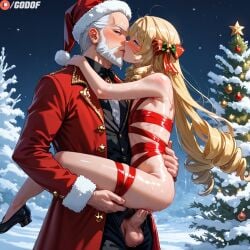 2boys ai_generated anal anal_sex carrying cum ejaculation femboy flat_chest gay genshin_impact godof happy_new_year merry_christmas navia_(genshin_impact) red_ribbon rule63 santa_claus santa_hat sex small_penis trap yaoi