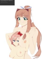 2females 2girls big_breasts blue_eyes bow breasts doki_doki_literature_club green_eyes long_hair monika_(doki_doki_literature_club) nipples sayori_(doki_doki_literature_club) strawberry_blonde_hair