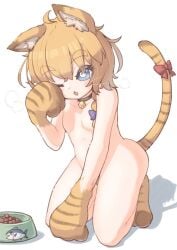 animal_ears animal_hands animal_print bell blonde_hair blue_eyes blush bow bowl braid cat_ears cat_tail catgirl commentary_request completely_nude cookie_(touhou) female fish_print full_body hair_between_eyes hairbow jingle_bell kemonomimi_mode kitsune_kemono kneeling marisa_kirisame medium_hair meguru_(cookie) neck_bell no_nipples one_eye_closed open_mouth pet_bowl pet_food protected_link purple_bow red_bow side_braid single_braid solo tail tail_bow tail_ornament touhou tuna white_background