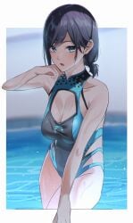 1girls alluring big_breasts bikini black_and_blue_hair blue_eyes cleavage dead_or_alive dead_or_alive_xtreme_venus_vacation one-piece_bikini reika_(doa) slope_(artist) swimming_pool tecmo