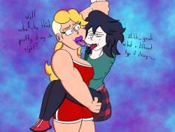 2d 2d_(artwork) 2girls arms_behind_back arms_behind_head black_hair blonde_hair blue_eyes breasts buff_female bully dialogue french_kiss grabbing_another's_arm green_eyes grossed_out kissing lifting lifting_person lindsey_higgins_(museinfamous) long_hair looking_at_partner muscular muscular_female red_uniform saliva saliva_string saliva_trail shaved_side short_hair size_difference sports_uniform thick_legs thick_thighs thighs titaniumtoenail tomboy yuri zari_(museinfamous)