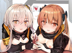 1boy 2girls :3 :d armband bangs black_bow black_gloves black_jacket blush bottomless bow breasts brown_eyes brown_hair censored commentary_request cum dark-skinned_male dark_skin eyebrows_visible_through_hair ffm_threesome fingerless_gloves fingernails girls'_frontline glansjob gloved_handjob gloves hair_between_eyes hair_ornament hairbow handjob heart hood hood_down hooded_jacket interracial jacket leaning_forward light-skinned_female light_brown_hair light_skin long_hair long_sleeves looking_at_viewer marisayaka medium_breasts mosaic_censoring multiple_girls navel nipples nose_blush one_side_up open_clothes open_jacket open_mouth out_of_frame penis pov small_breasts smile speech_bubble spoken_heart straight teamwork threesome twintails two-handed_handjob ump45_(girls'_frontline) ump9_(girls'_frontline) very_long_hair white_hair