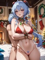 ai_generated big_ass big_breasts christmas christmas_outfit ganyu_(genshin_impact) genshin_impact horns hug hug_from_behind merry_christmas