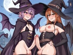 1femboy 1futa ai_generated big_penis breasts cum femboy futanari oppai_squad purple_hair red_hair wings witch witch_hat