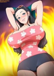 1girls bare_shoulders big_breasts black_hair blue_eyes blush breasts camisole collarbone eyewear_on_head female fire floral_print large_breasts lips long_hair looking_at_viewer neocoill nico_robin one_piece short_shorts shorts smile solo standing sunglasses sweat thighs