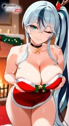 1girls ai_generated azur_lane bare_shoulders black_choker black_hair blue_eyes boosterred99 choker christmas christmas_clothing christmas_outfit christmas_tree dress earrings female holding_breast large_breasts leaning_forward long_hair multicolored_hair one_eye_closed one_ponytail pony_diffusion_xl ponytail red_dress santa_costume seductive_look seductive_smile strapless thüringen_(azur_lane) thighs thueringen two_tone_hair voluptuous white_hair white_thong wide_hips